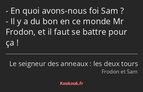 En quoi avons-nous foi Sam ? Il y a du bon en ce monde Mr Frodon, et il faut se battre pour ça !