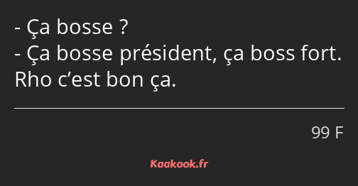 Ça bosse ? Ça bosse président, ça boss fort. Rho c’est bon ça.