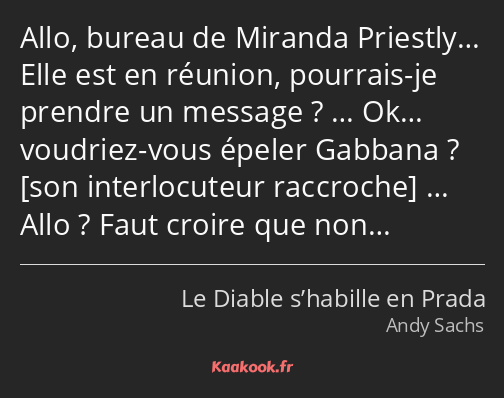 Allo, bureau de Miranda Priestly… Elle est en réunion, pourrais-je prendre un message ? … Ok……