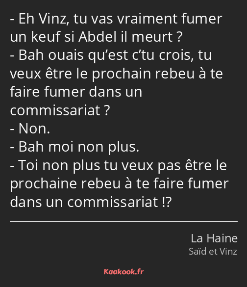 Eh Vinz, tu vas vraiment fumer un keuf si Abdel il meurt ? Bah ouais qu’est c’tu crois, tu veux…