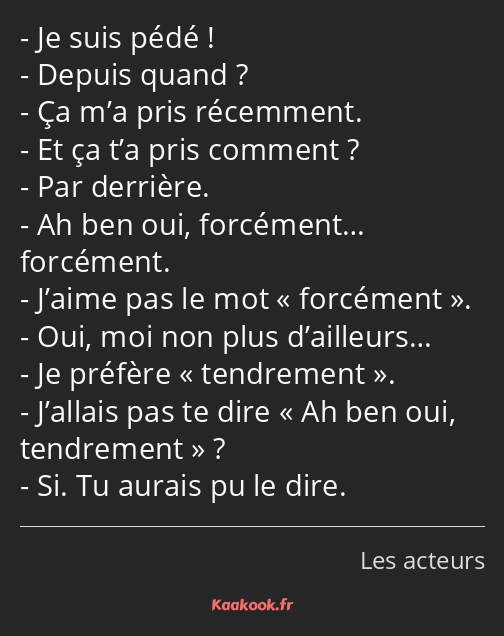 Je suis pédé ! Depuis quand ? Ça m’a pris récemment. Et ça t’a pris comment ? Par derrière. Ah ben…