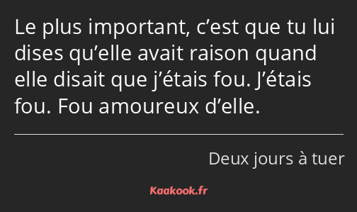 Le plus important, c’est que tu lui dises qu’elle avait raison quand elle disait que j’étais fou…