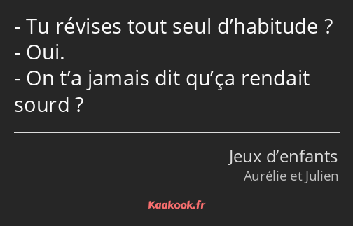 Tu révises tout seul d’habitude ? Oui. On t’a jamais dit qu’ça rendait sourd ?