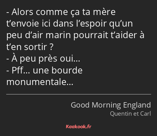 Alors comme ça ta mère t’envoie ici dans l’espoir qu’un peu d’air marin pourrait t’aider à t’en…