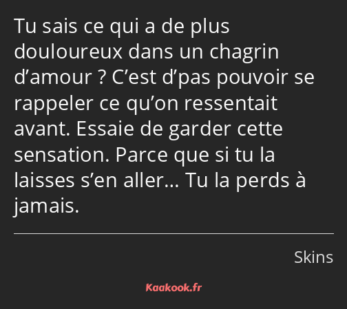 Tu sais ce qui a de plus douloureux dans un chagrin d’amour ? C’est d’pas pouvoir se rappeler ce…