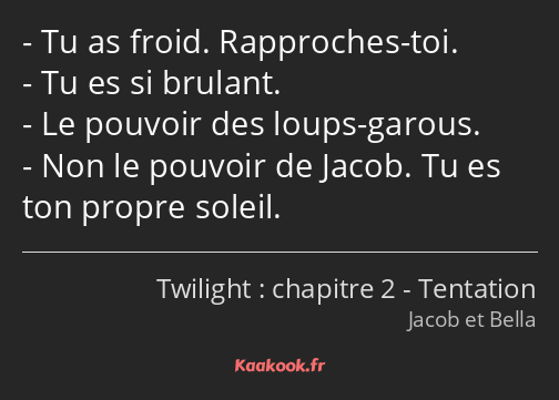 Tu as froid. Rapproches-toi. Tu es si brulant. Le pouvoir des loups-garous. Non le pouvoir de Jacob…