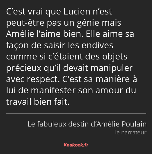 C’est vrai que Lucien n’est peut-être pas un génie mais Amélie l’aime bien. Elle aime sa façon de…