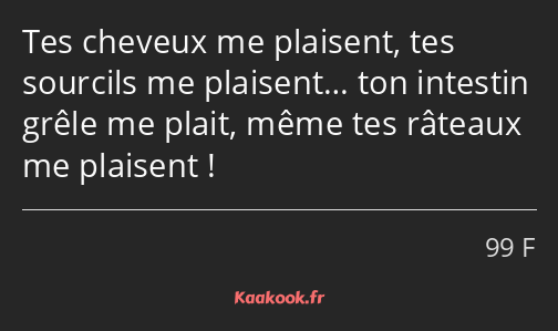 Tes cheveux me plaisent, tes sourcils me plaisent… ton intestin grêle me plait, même tes râteaux me…