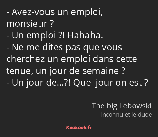 Avez-vous un emploi, monsieur ? Un emploi ?! Hahaha. Ne me dites pas que vous cherchez un emploi…