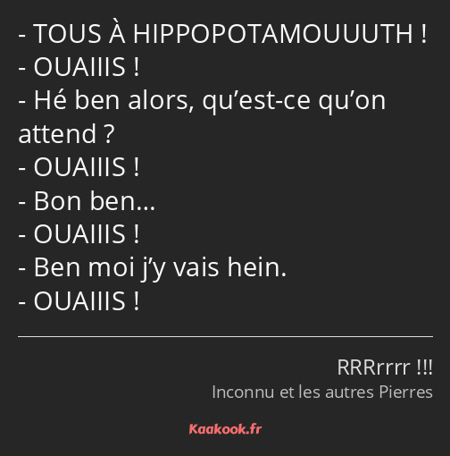 TOUS À HIPPOPOTAMOUUUTH ! OUAIIIS ! Hé ben alors, qu’est-ce qu’on attend ? OUAIIIS ! Bon ben……