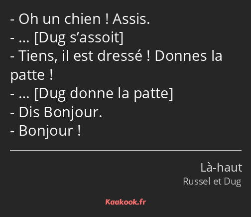 Oh un chien ! Assis. … Tiens, il est dressé ! Donnes la patte ! … Dis Bonjour. Bonjour !