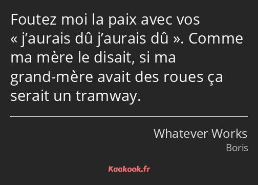 Foutez moi la paix avec vos j’aurais dû j’aurais dû. Comme ma mère le disait, si ma grand-mère…