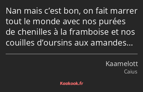 Nan mais c’est bon, on fait marrer tout le monde avec nos purées de chenilles à la framboise et nos…