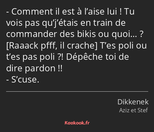 Comment il est à l’aise lui ! Tu vois pas qu’j’étais en train de commander des bikis ou quoi……