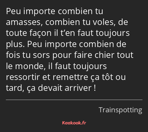 Peu importe combien tu amasses, combien tu voles, de toute façon il t’en faut toujours plus. Peu…