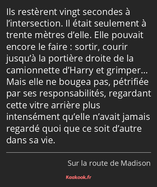 Ils restèrent vingt secondes à l’intersection. Il était seulement à trente mètres d’elle. Elle…