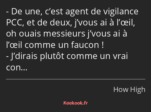 De une, c’est agent de vigilance PCC, et de deux, j’vous ai à l’œil, oh ouais messieurs j’vous ai à…