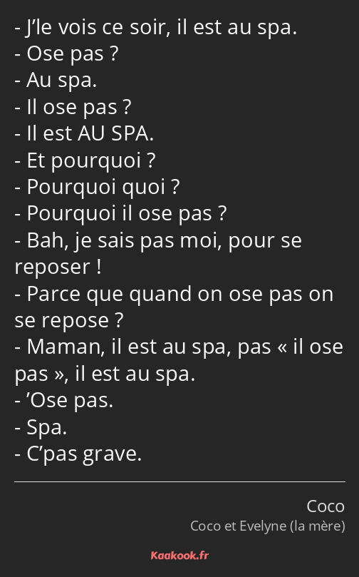 J’le vois ce soir, il est au spa. Ose pas ? Au spa. Il ose pas ? Il est AU SPA. Et pourquoi…
