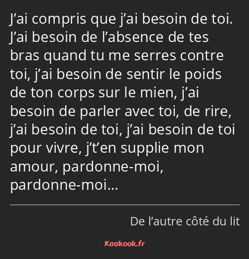 J’ai compris que j’ai besoin de toi. J’ai besoin de l’absence de tes bras quand tu me serres contre…