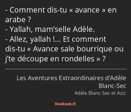 Comment dis-tu avance en arabe ? Yallah, mam’selle Adèle. Allez, yallah !… Et comment dis-tu Avance…