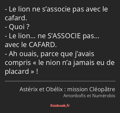 Le lion ne s’associe pas avec le cafard. Quoi ? Le lion… ne S’ASSOCIE pas… avec le CAFARD. Ah ouais…