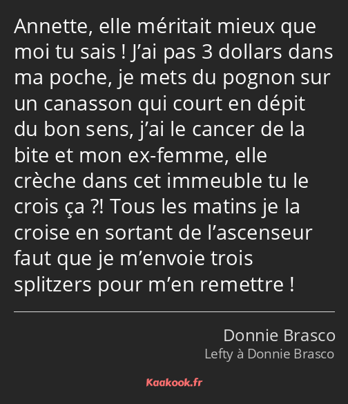 Annette, elle méritait mieux que moi tu sais ! J’ai pas 3 dollars dans ma poche, je mets du pognon…