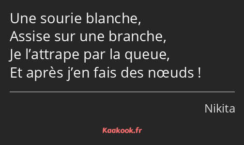 Une sourie blanche, Assise sur une branche, Je l’attrape par la queue, Et après j’en fais des nœuds…