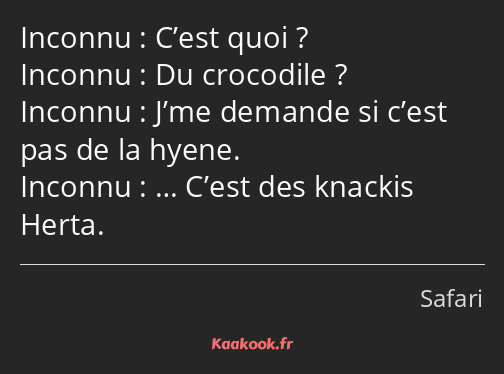 C’est quoi ? Du crocodile ? J’me demande si c’est pas de la hyene. … C’est des knackis Herta.