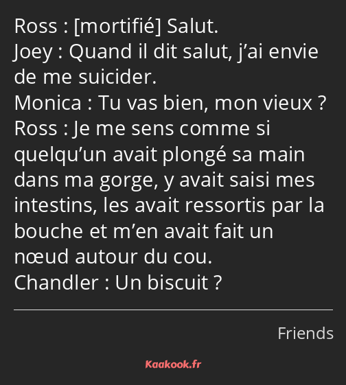  Salut. Quand il dit salut, j’ai envie de me suicider. Tu vas bien, mon vieux ? Je me sens comme si…