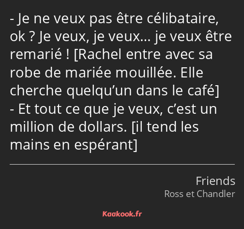 Je ne veux pas être célibataire, ok ? Je veux, je veux… je veux être remarié ! Et tout ce que je…