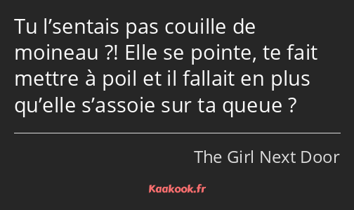 Tu l’sentais pas couille de moineau ?! Elle se pointe, te fait mettre à poil et il fallait en plus…