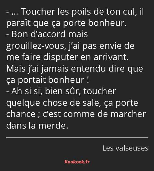 … Toucher les poils de ton cul, il paraît que ça porte bonheur. Bon d’accord mais grouillez-vous…