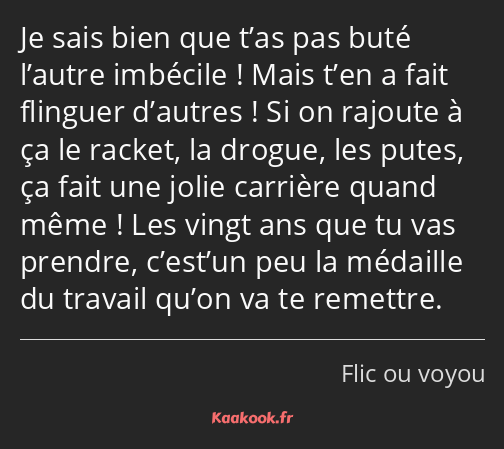 Je sais bien que t’as pas buté l’autre imbécile ! Mais t’en a fait flinguer d’autres ! Si on…