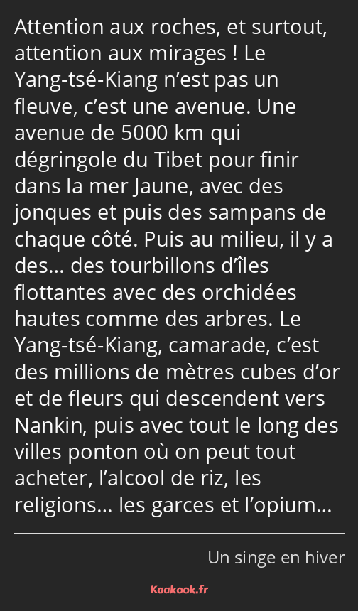 Attention aux roches, et surtout, attention aux mirages ! Le Yang-tsé-Kiang n’est pas un fleuve…