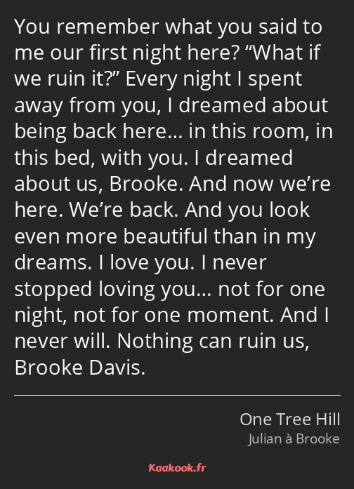 You remember what you said to me our first night here? What if we ruin it? Every night I spent away…