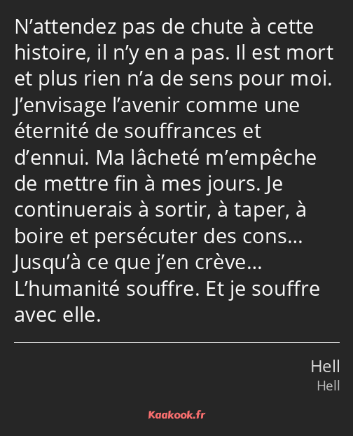 N’attendez pas de chute à cette histoire, il n’y en a pas. Il est mort et plus rien n’a de sens…