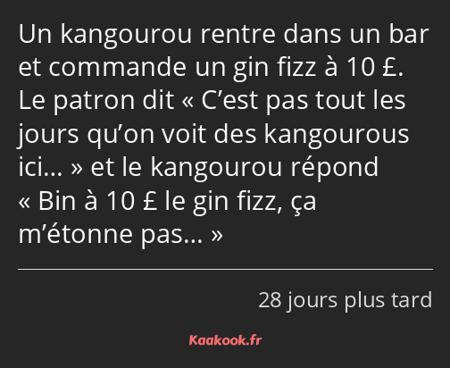 Un kangourou rentre dans un bar et commande un gin fizz à 10 £. Le patron dit C’est pas tout les…