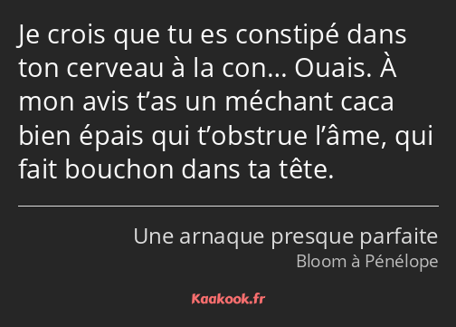 Je crois que tu es constipé dans ton cerveau à la con… Ouais. À mon avis t’as un méchant caca bien…