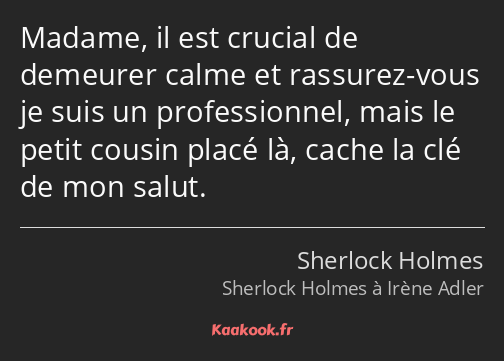 Madame, il est crucial de demeurer calme et rassurez-vous je suis un professionnel, mais le petit…