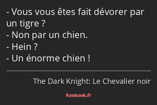 Vous vous êtes fait dévorer par un tigre ? Non par un chien. Hein ? Un énorme chien !