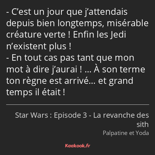 C’est un jour que j’attendais depuis bien longtemps, misérable créature verte ! Enfin les Jedi…