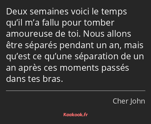 Deux semaines voici le temps qu’il m’a fallu pour tomber amoureuse de toi. Nous allons être séparés…