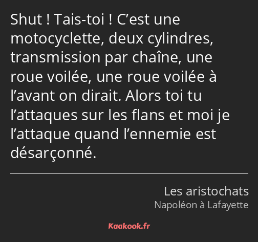 Shut ! Tais-toi ! C’est une motocyclette, deux cylindres, transmission par chaîne, une roue voilée…