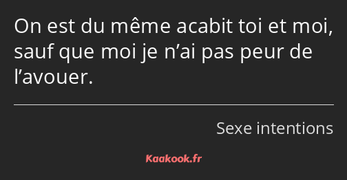 On est du même acabit toi et moi, sauf que moi je n’ai pas peur de l’avouer.