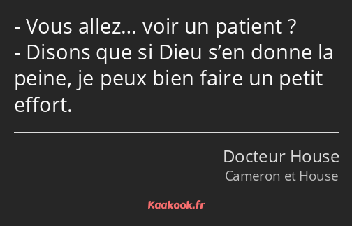 Vous allez… voir un patient ? Disons que si Dieu s’en donne la peine, je peux bien faire un petit…