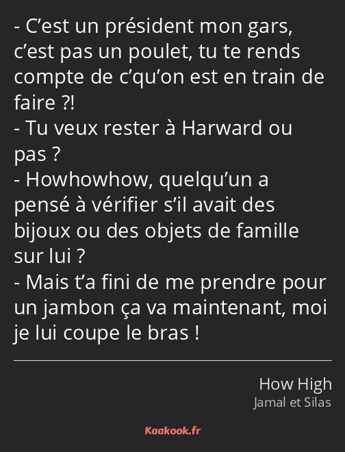 C’est un président mon gars, c’est pas un poulet, tu te rends compte de c’qu’on est en train de…