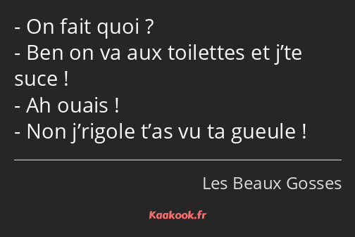 On fait quoi ? Ben on va aux toilettes et j’te suce ! Ah ouais ! Non j’rigole t’as vu ta gueule !