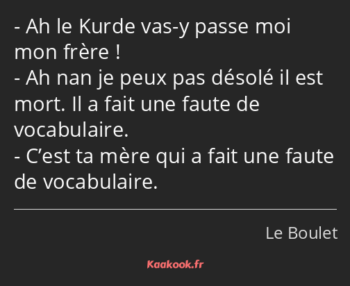 Ah le Kurde vas-y passe moi mon frère ! Ah nan je peux pas désolé il est mort. Il a fait une faute…