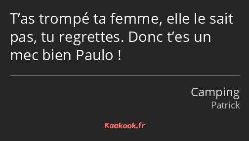 T’as trompé ta femme, elle le sait pas, tu regrettes. Donc t’es un mec bien Paulo !