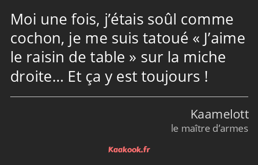 Moi une fois, j’étais soûl comme cochon, je me suis tatoué J’aime le raisin de table sur la miche…